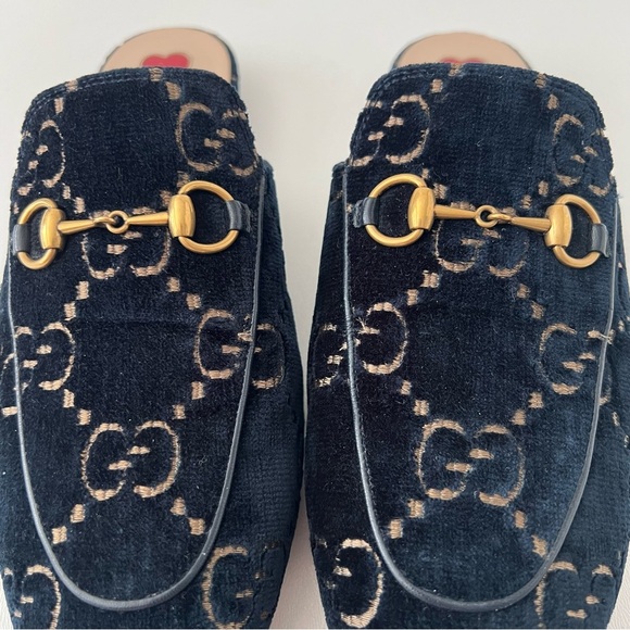 GUCCI | Navy GG Monogram Velvet Princetown Mules Horsebit Loafers Slip On 37.5 - Picture 3 of 9